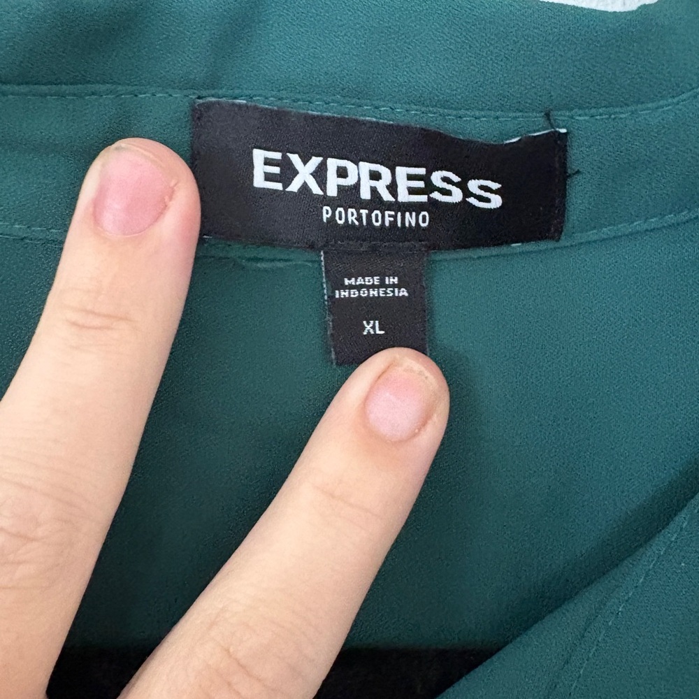 Express Georgette Portofino Blouse Forest Green Office Siren Button Up Top - Picture 4 of 7